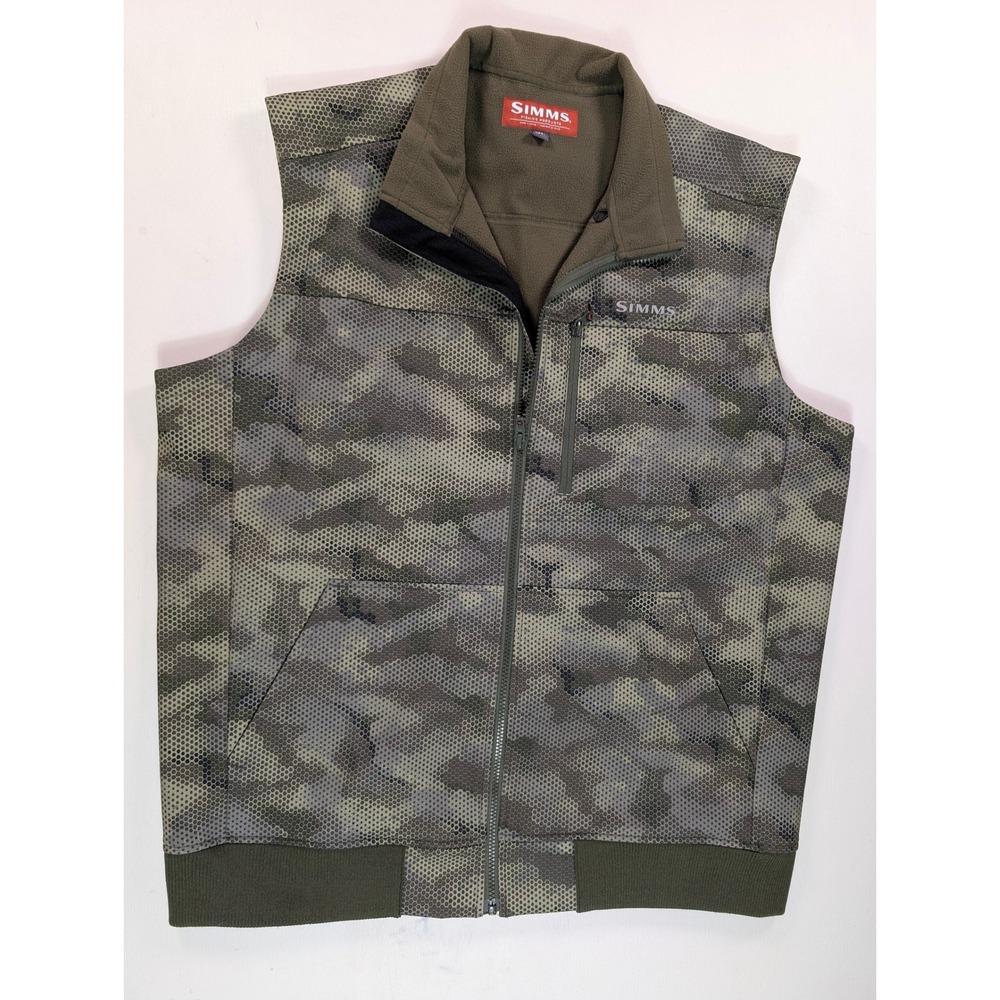 Simms Fishing Products Mens XL Camo Fleece Lined Full Zip Vest Olive Green Grey